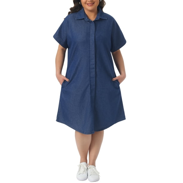 Vestido de mezclilla para mujer de talla grande Agnes Orinda con cuello de solapa, mangas cortas, botones, dobladillo curvado, casual, línea A, midi, con bolsillos 1X azul oscuro