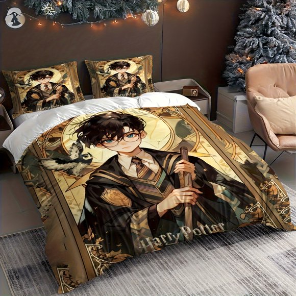 Magical Academy Apprentice and Owl Symbol of Courage and Wisdom Innovative Cartoon Design for Single/Double Bed 1 Duvet Cover + 1/2 Pillowcases Soft Light Beige