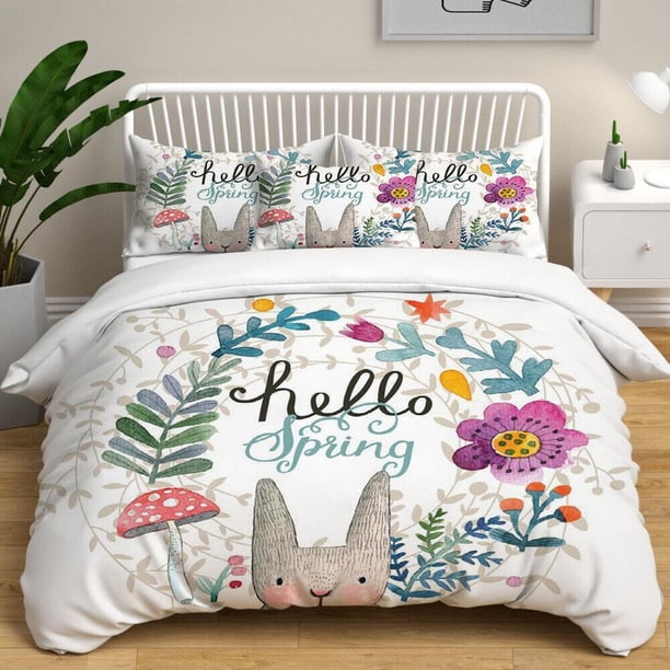 Cartoon Rabbit Easter Flower Quilt Duvet Cover Set Home Textiles Bedclothes3-Piece Bedding Set