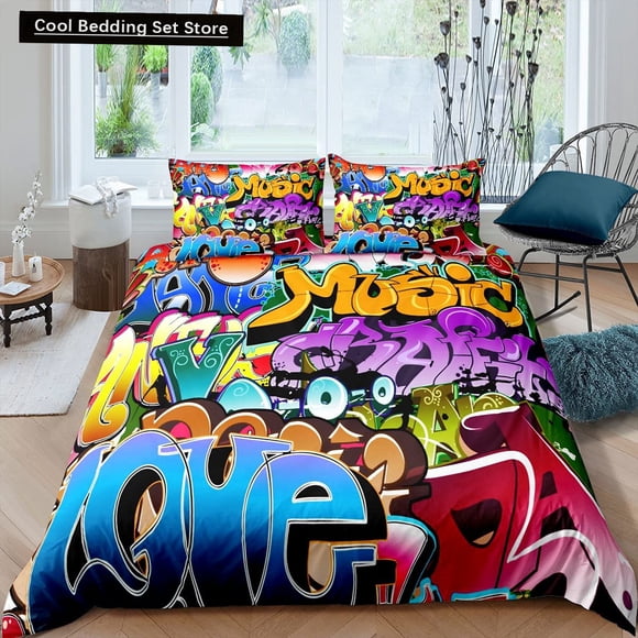 Hippie Graffiti Duvet Cover Hip Hop Bedding Set for Kids Teens Adults Wall Urban Street Art Polyester Quilt Cover Bed Sheets