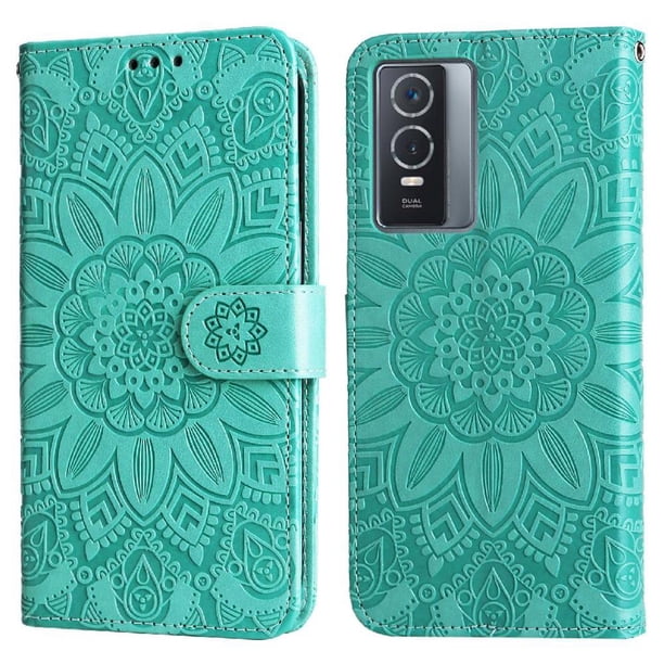 Funda tipo cartera FOXDOCK para Vivo Y76s , diseño girasol en relieve, cuero PU, cierre magnético, soporte y tarjetero