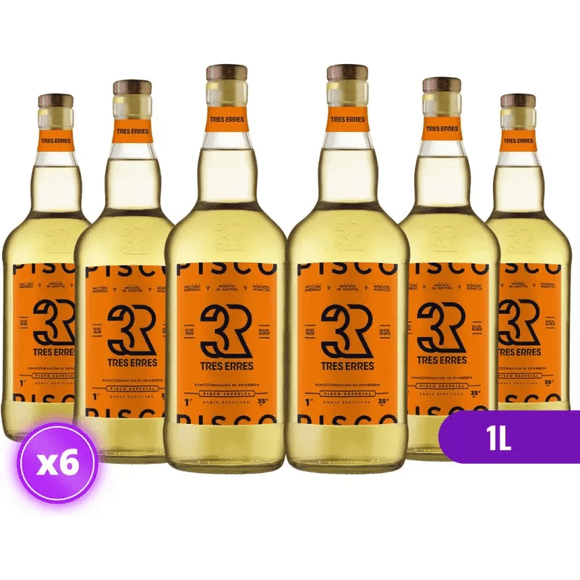 Pack 6x Pisco Tres Erres 35 - Especial Doble Destilado - 1l