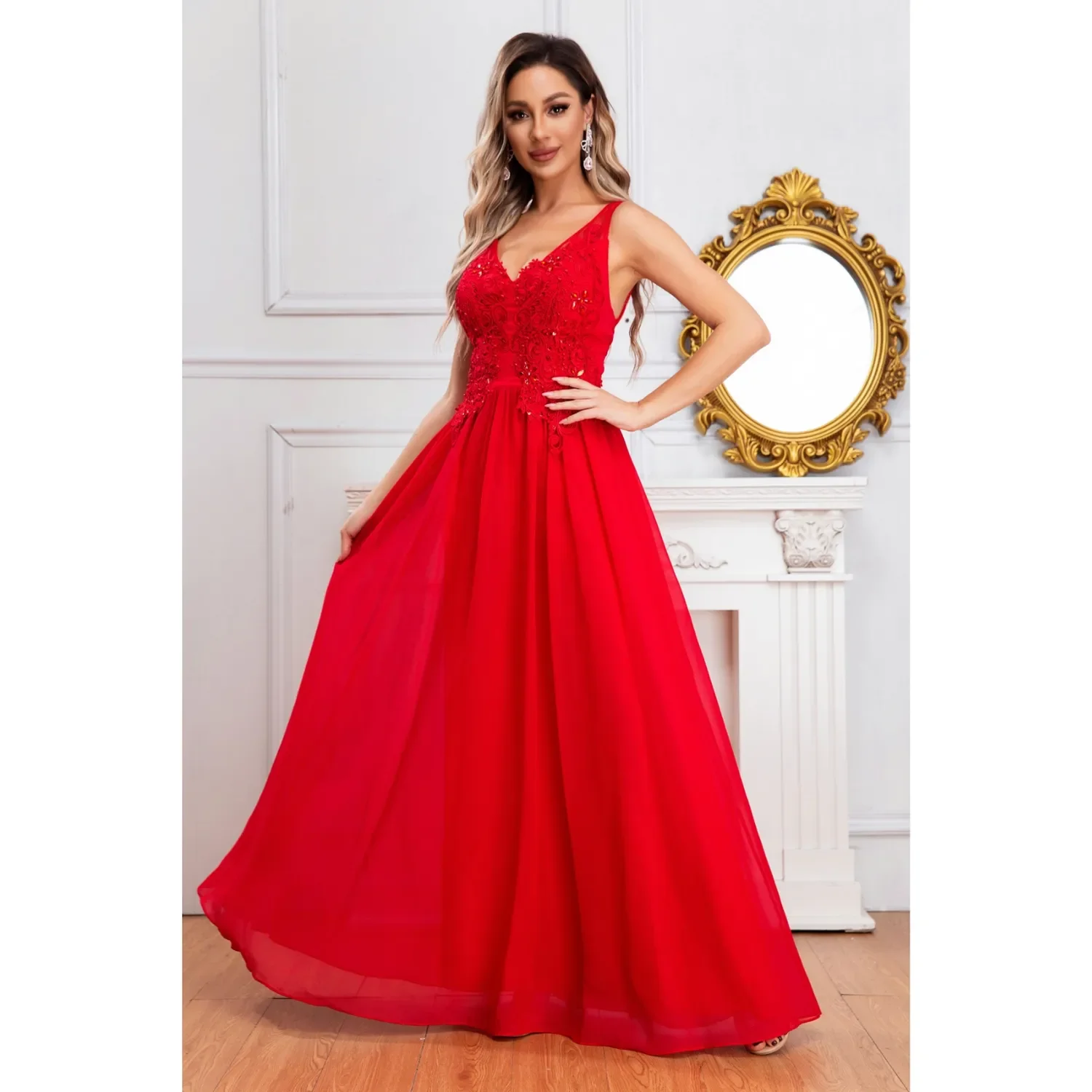 Likeshop - Vestido Largo Mujer Fiesta Gala Noche Escote V Bordados 2003