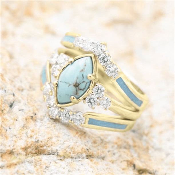 3 pieces/set Turquoise and Moissanite Engagement Rings - 18K Gold Plated Multilayer Hollow Design - Perfect for Anniversary, Birthday, and Christmas Gifts - Sizes 5-11
