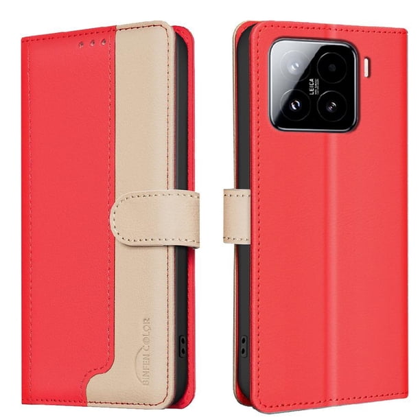 Funda Cartera con Bloqueo RFID para Xiaomi 15 con Ranuras y Soporte Rojo
