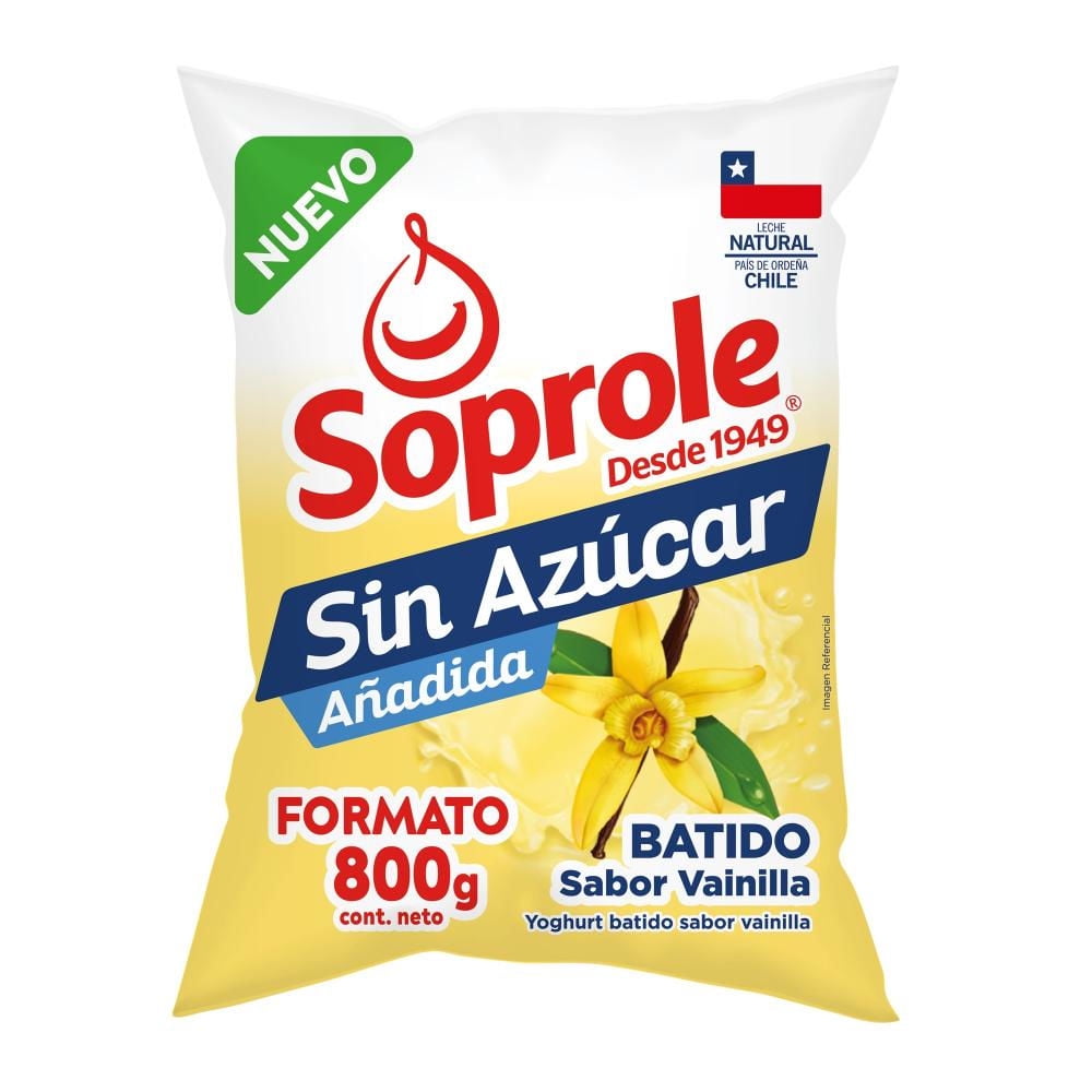 Yoghurt Batido Vainilla Bolsa Sin Azúcar 800 g Soprole