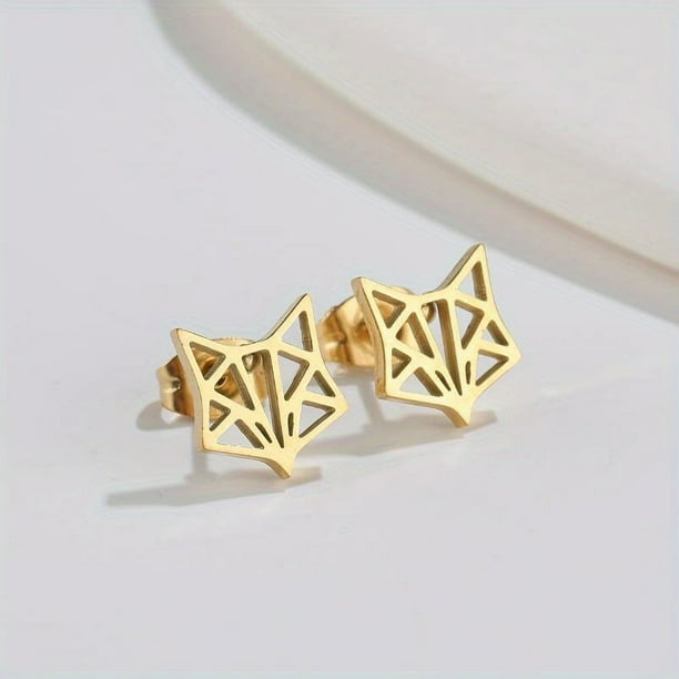 1pair Cute Origami Cat Stud Earrings For Men, Stainless Steel Kitten Earings, Animal Children Accessories