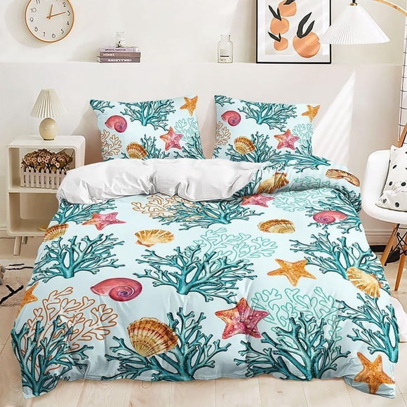 Ocean Starfish Conch Shell Coral Quilt Duvet Cover Set Soft Bedclothes3-Piece Bedding Set