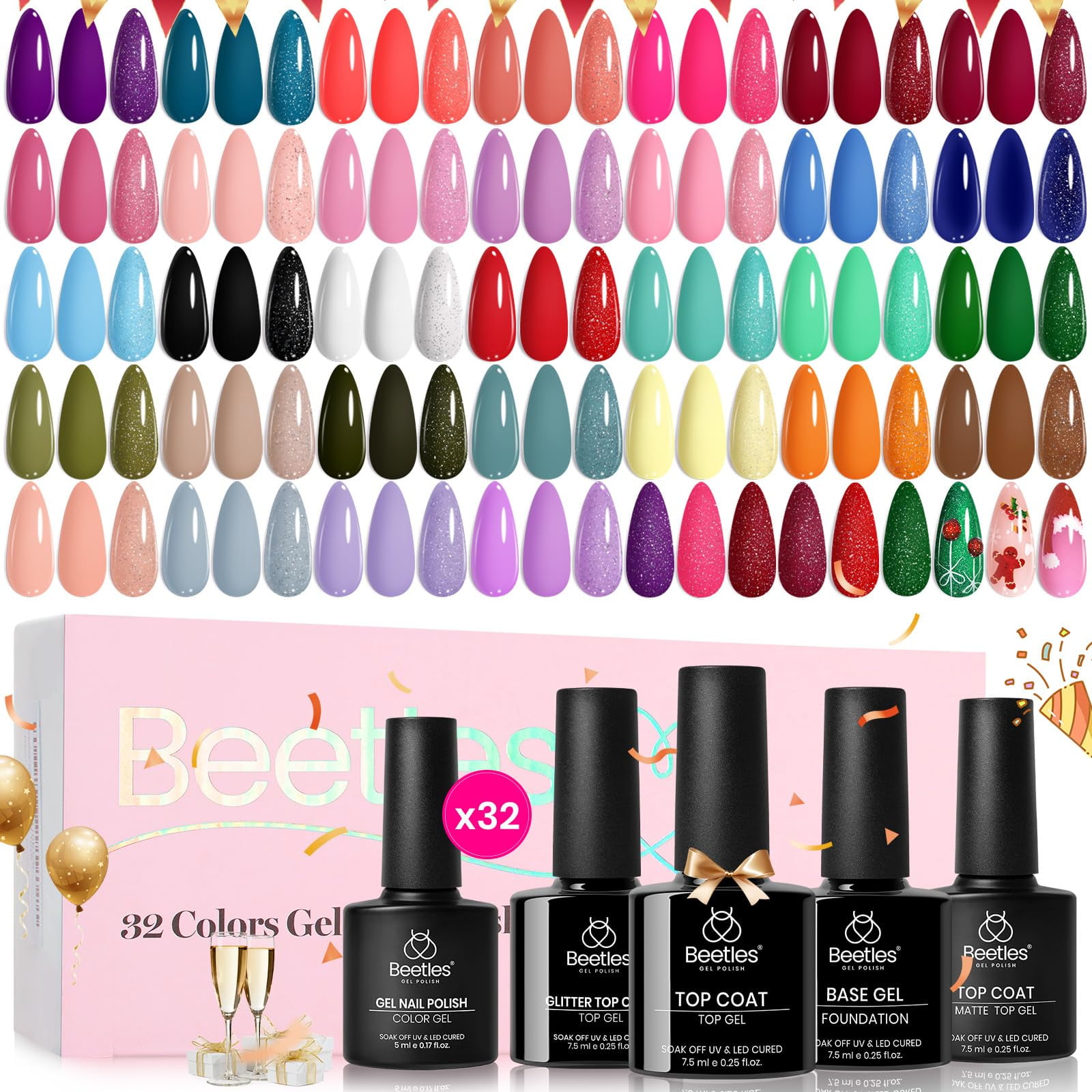 Beetles Gel Polish - Set De Esmaltes De Uñas En Gel Beetles, 36 Unidades Con Capa Superior Base, 32 Colores