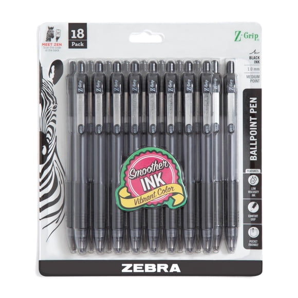Bolígrafo retráctil Zebra Z-Grip de tinta negra, paquete de 18
