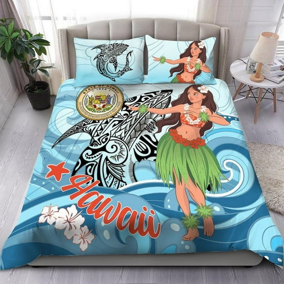 Juego De Cama Hawai Polinesia Niñas Con Tiburón