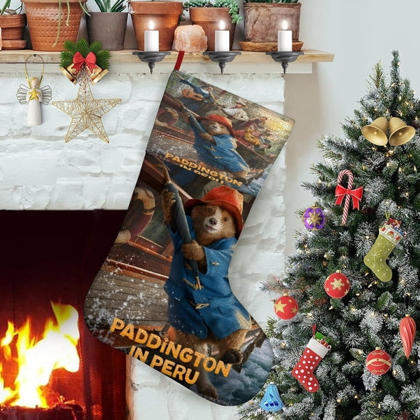 Paddington Tema: Calcetines de Navidad, fino lino blanco para colgar en escaleras y chimenea, decoración navideña para el hogar, regalo de Navidad. 45cm × 32cm
