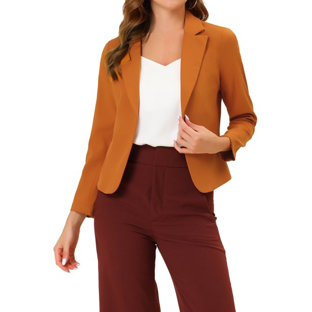 INSPIRE CHIC Blazer Abierto para Mujer Regreso a Clases Chaqueta de Traje Corto de Verano para el Trabajo Naranja Oscuro-Sólido XL