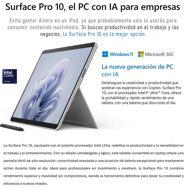 Surface Pro 10 - Tablet Windows 11, Core Ultra 5, 8GB RAM, 256GB