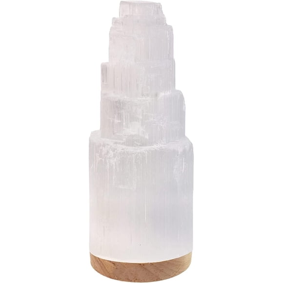 Lámpara de cristal de selenita SALT 84 20 cm con base de madera y USB