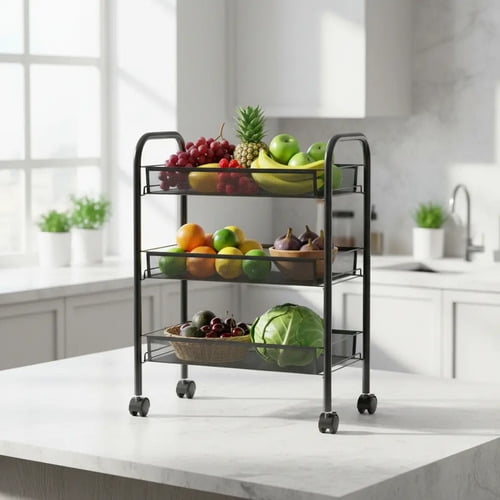Carrito Organizador Frutero 3 Niveles Negro Metalico Multiusos con Ruedas