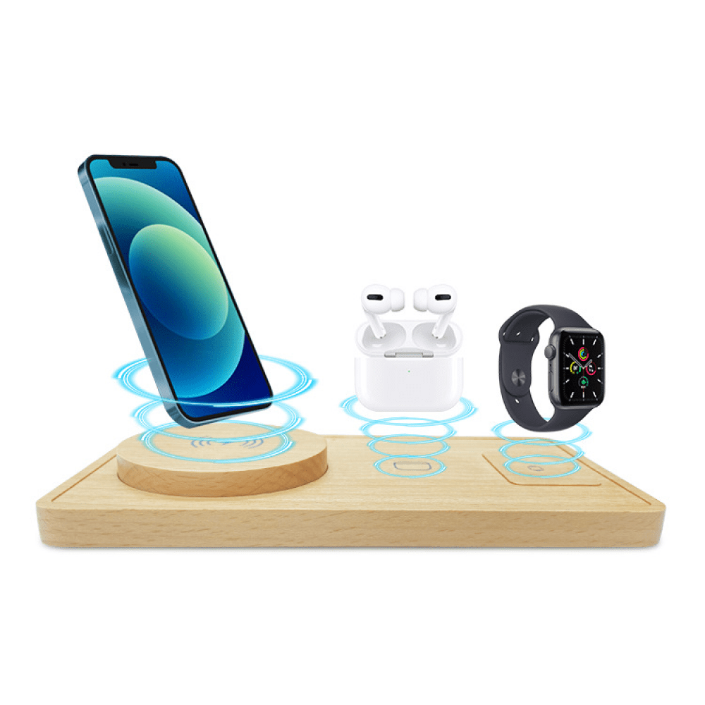 Genérico - Cargador Inalámbrico 3 En 1 - Almohadilla De Carga Rápida Para Teléfono, Reloj Y Auriculares - Diseño De Bambú Ultrafino - Madera