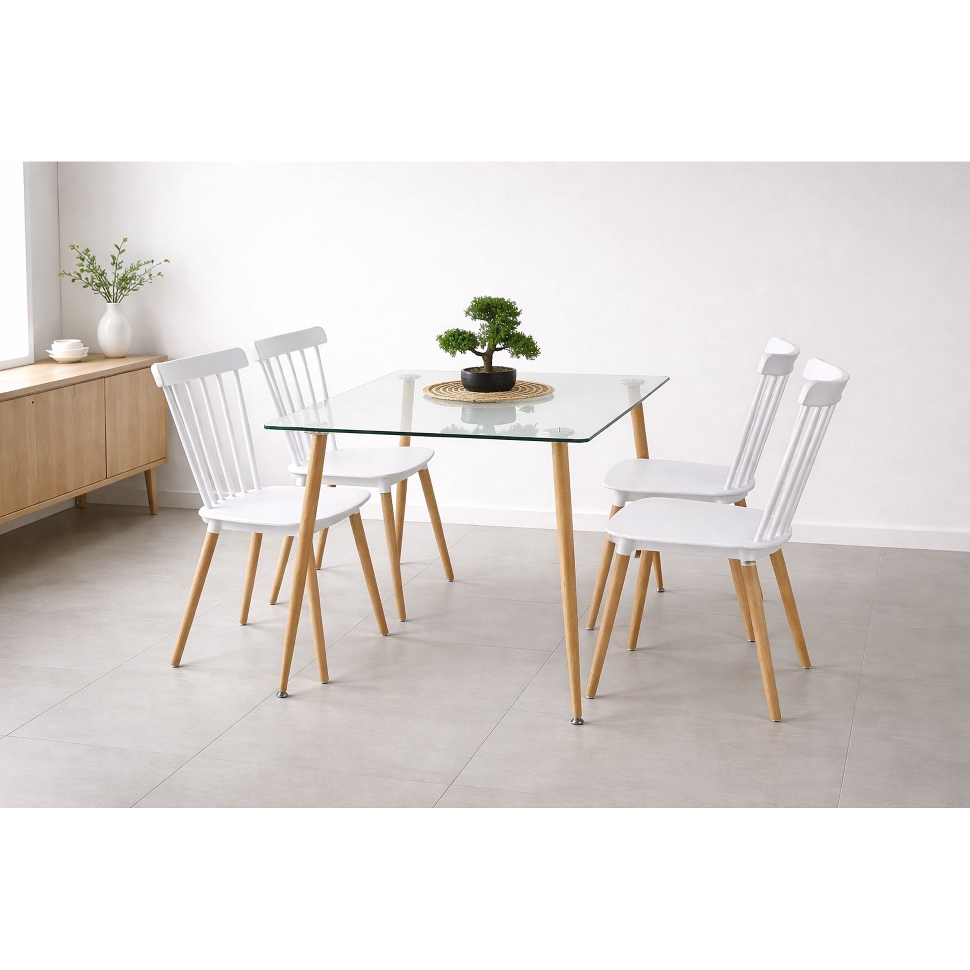 Vitelio - Comedor Mesa De Vidrio 120x80 + 4 Sillas Windsor Blancas