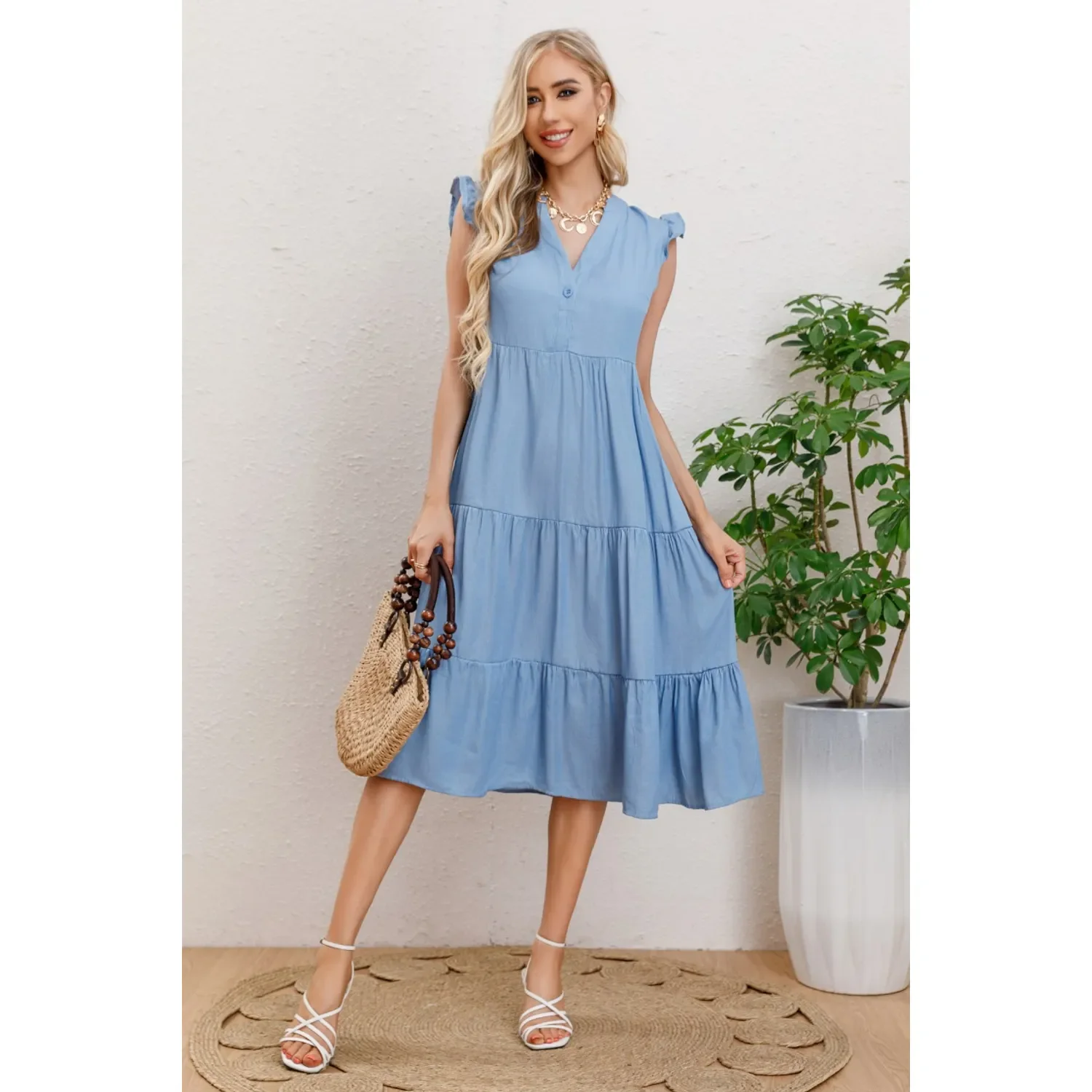 Likeshop - Vestido Largo Algodon Primavera Mujer Cuello Mao Manga Corta 3322