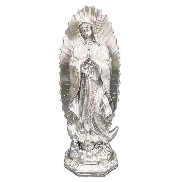 Estatua de María Santísima, decoración de escritorio de resina, escultura religiosa, estatuilla de Nuestra Señora de Fátima para sala de estar y ofici plateado
