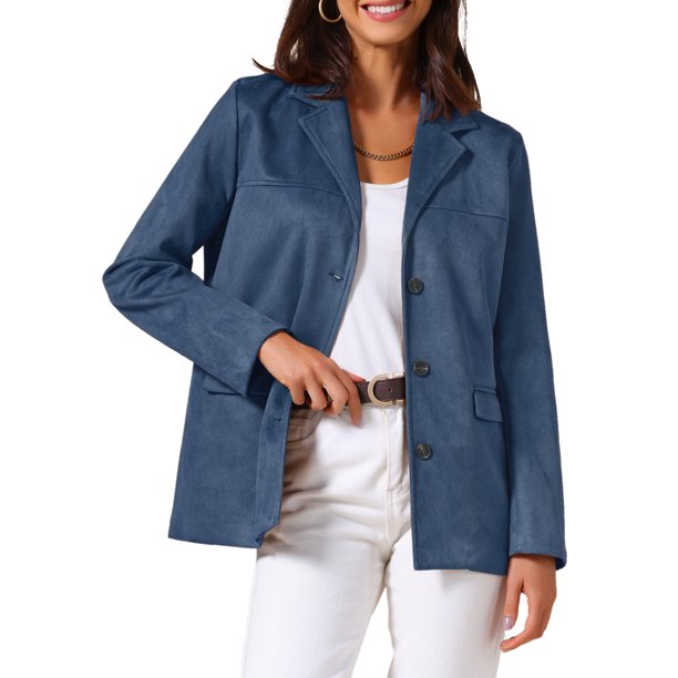 INSPIRE CHIC Chaqueta Blazer de Mujer de Ante Sintético Vintage Casual con Botones y Bolsillos M Azul Oscuro