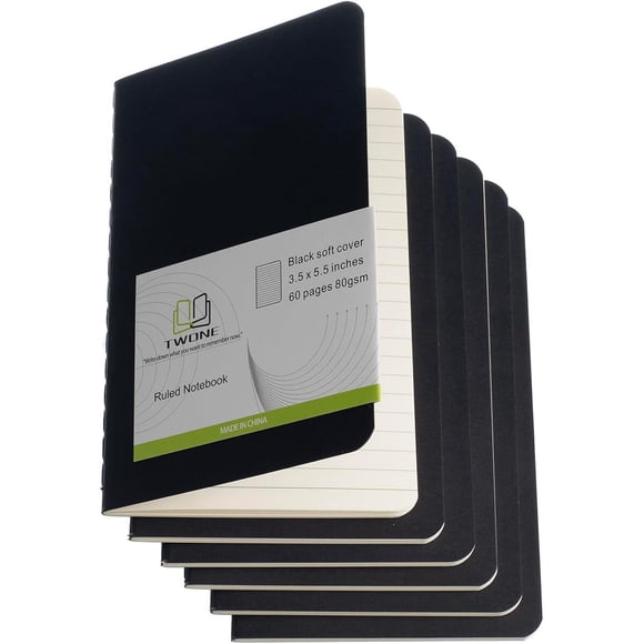 TWONE 6 Pack Mini Pocket Notebooks, 3.5 x 5.5 in, Lined, Black Cover