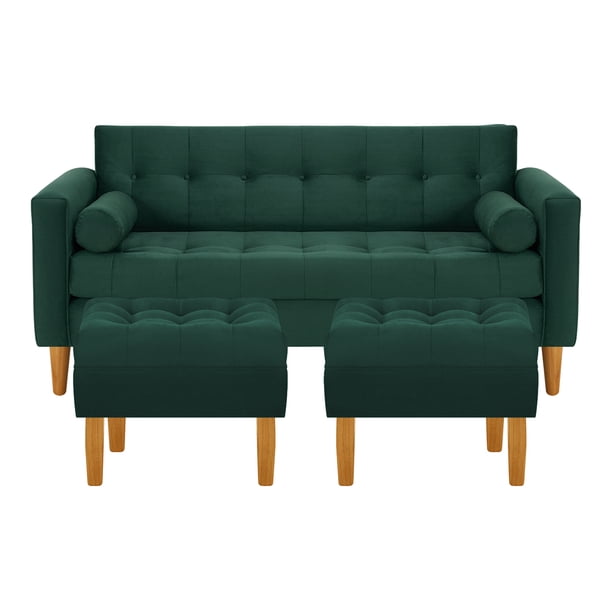 Sofa Retro 3c + 2 Pouf Felpa 04 Verde Botella