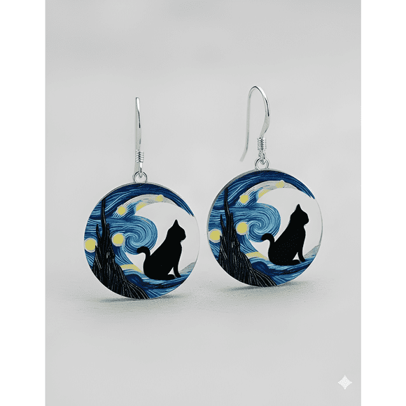 Aros Van Gogh Gatito Arte Acrílico Gancho De Plata Gato #2