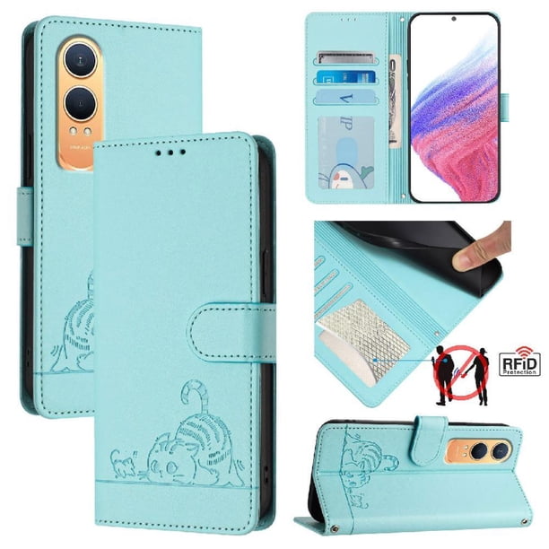 Funda tipo cartera FOXDOCK para Oneplus Nord CE 4 lite 5G con soporte, ranuras, RFID, diseño de gato