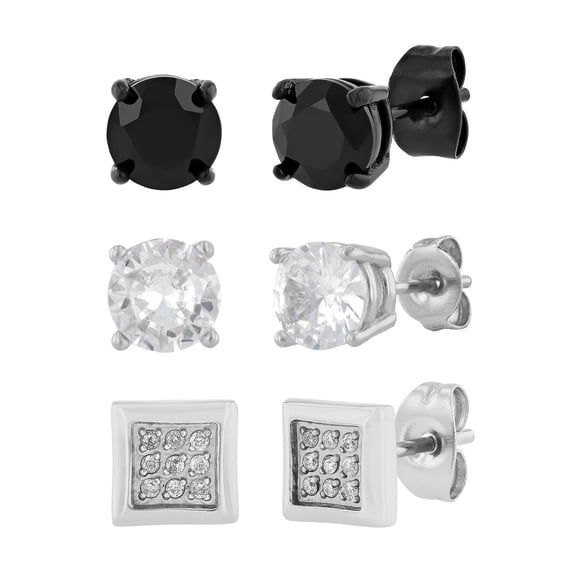 Aretes Believe Brilliance de Acero Inoxidable, Set de 3 Pares, 6 mm, Negro y Blanco