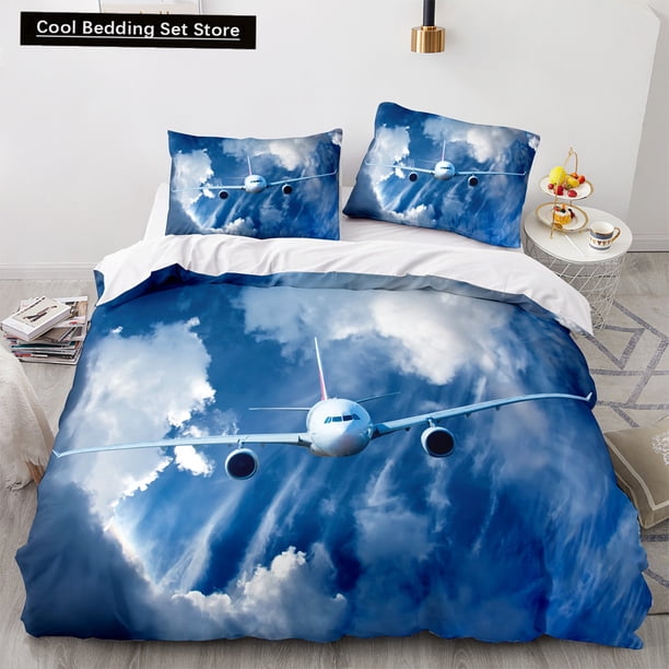 v1324 Bed Sheets Airplane King Queen Full Duvet Cover Vintage Fighter Bedding Set for Kids Teens Adults Sky Clouds Grey /pcs Soft Quilt Cover 3-Piece Bedding Set (1 Duvet Cover + 2 Pillow Shams) Bed S