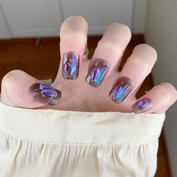 24 Pcs 3D Butterfly Fake Nails Rhinestone Press On Nails Short Pink Glitter False Nails Glossy Fake Nails Glue On Nails Full Cover Acrylic Nails For Women Girls