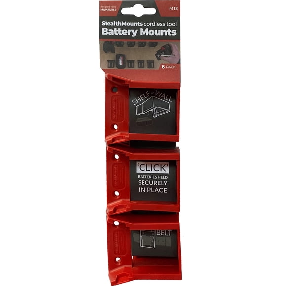 Soporte de batería Stealthmounts Milwaukee M18 rojo, paquete de 6