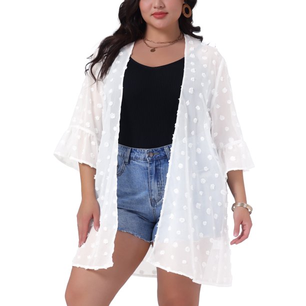 Agnes Orinda Kimono de Verano para Mujer de Talla Grande, Cárdigans con Mitad de Manga, Estilo Abierto, Casual, de Gasa, Talla 4X, Blanco