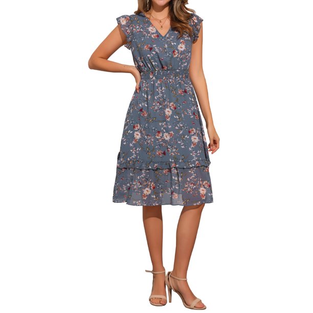 INSPIRE CHIC Vestido Floral de Mujer con Mangas Volantes Cuello en V Fruncido con Volantes Vestidos Casuales Azul Gris XS