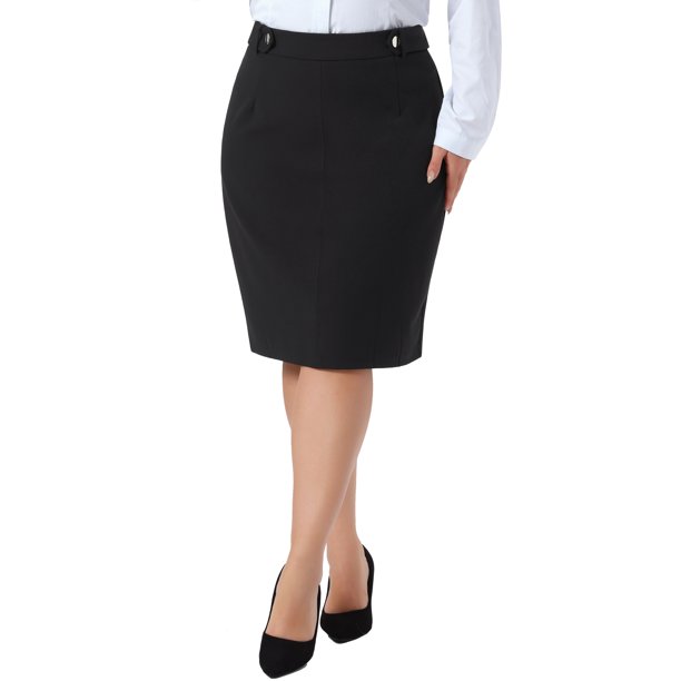Falda Lápiz de Talla Grande para Mujer de Agnes Orinda con Decoración de Botones, Cremallera, Cintura Alta, Elástica, Ajustada, a la Rodilla, Formal, Casual de Negocios, 2X Negro