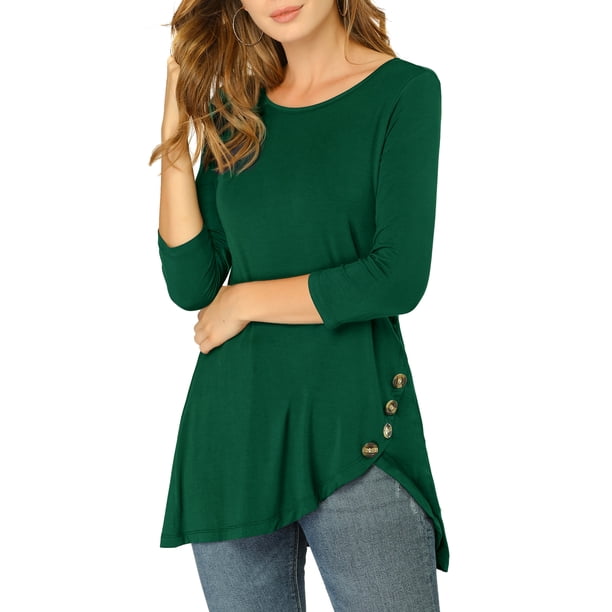INSPIRE CHIC Blusas para Mujer Cuello Redondo Manga 3/4 Decoración de Botones Dobladillo Irregular Estilo Casual Blusa M Verde Oscuro