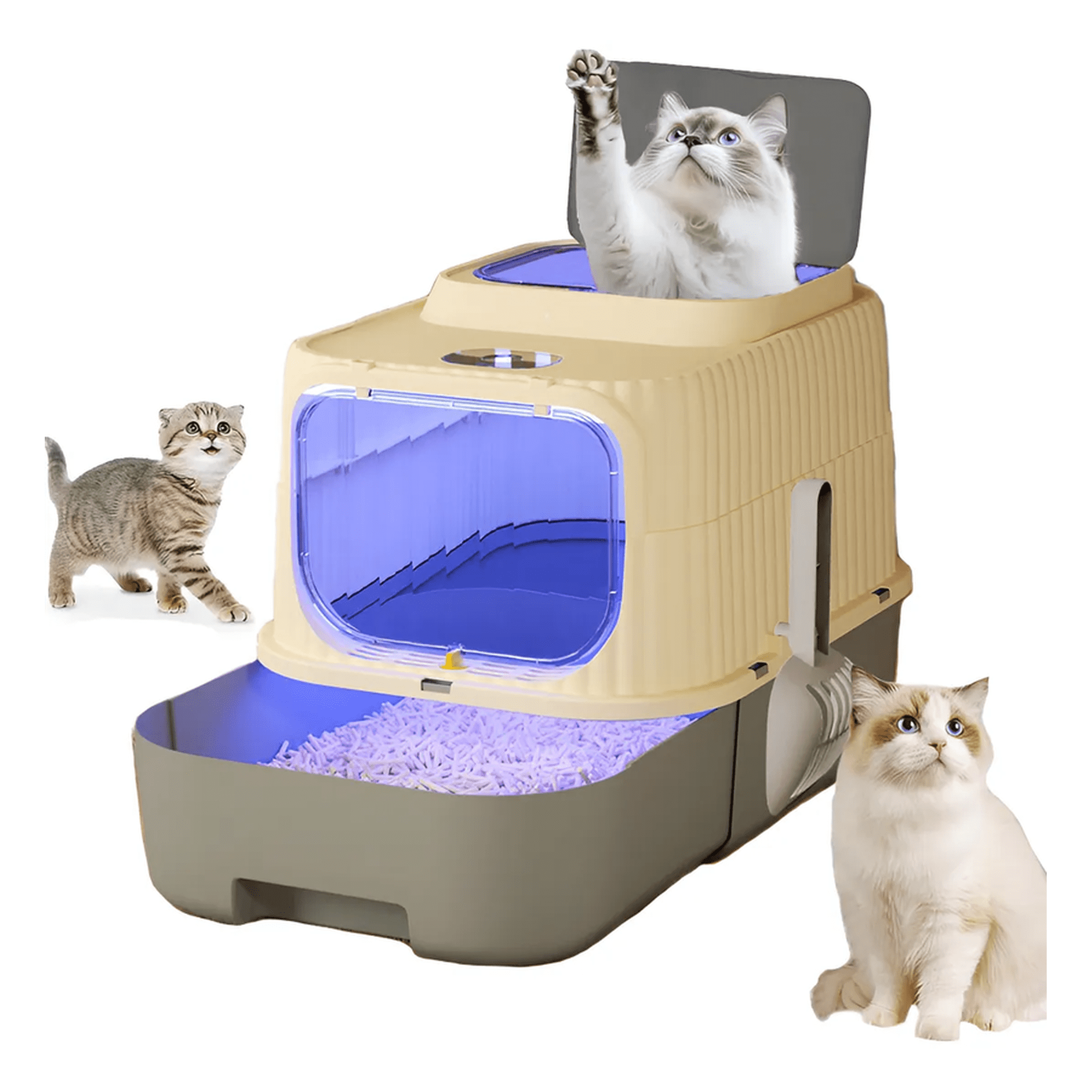 Genérico - Arenero Para Gatos, 49×37×37cm Grande Arenero Cerrado Plástico Para Gato Con Luz Ultravioleta Y Pala Para Arena, Fácil De Limpiar, Resistente A Olores Y Salpicaduras