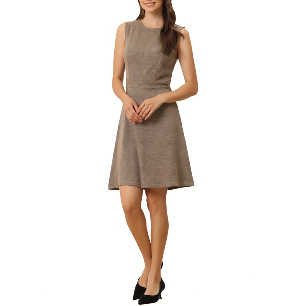 INSPIRE CHIC Vestido sin mangas de cuadros de pata de gallo por encima de la rodilla para mujer, ideal para el regreso a clases de maestras, XS Marrón Albaricoque