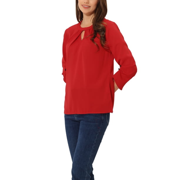 CURVOSPORT Blusa Elegante para Mujer Camisa de Trabajo Oficina con Fruncido Frontal Manga 3/4 Chifón Regreso a Clases Atuendo de Maestra Rojo S