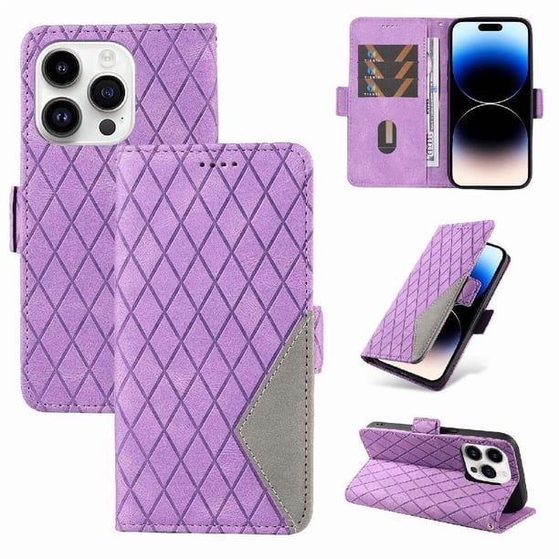 Funda Cartera para iPhone 14 Pro Max con Tarjetero Soporte y Correa Morado