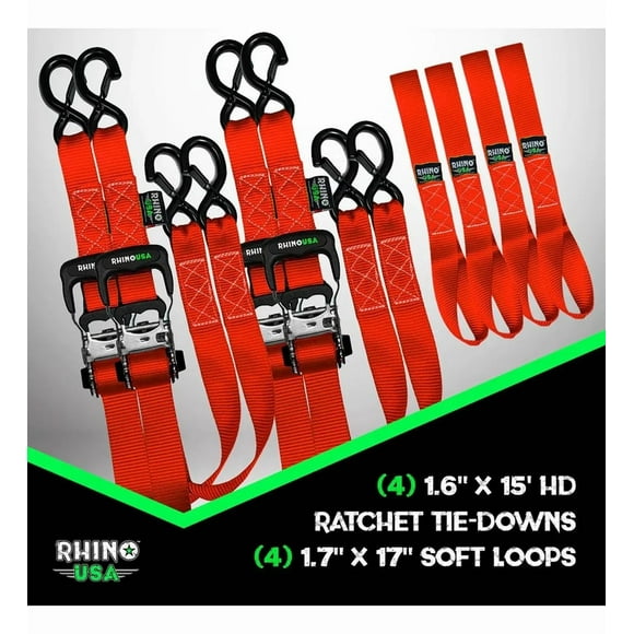Pack X 4 Correas De Amarre Hd 4 Cm X 457 Cm Rhino Usa Rojo