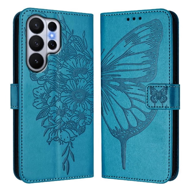 Funda Cartera Mariposa Para Samsung Galaxy S26 Ultra Con Soporte Y Ranuras Para Tarjetas Azul