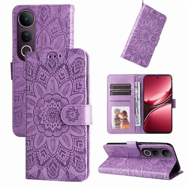 Funda tipo cartera FOXDOCK para Vivo V50 Lite , diseño girasol en relieve, cuero PU, cierre magnético, soporte y tarjetero