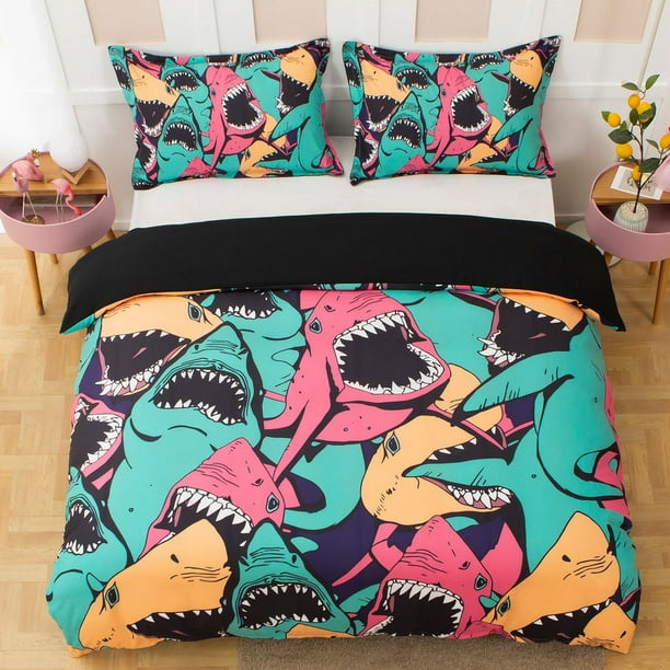 3D Colorido Tiburón Funda de edredón Set Ropa de cama Set Funda nórdica Fundas de almohada 473