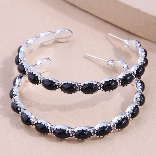 1pair Bohemian Turquoise Metal Hoop Earrings - Silver Plated Party Jewelry for Women and Girls - Unique and Stylish Accessory