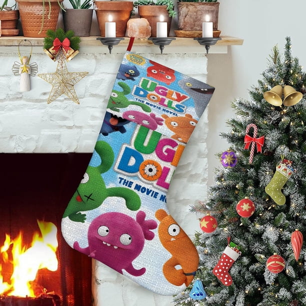 Uglydolls Tema: Calcetines de Navidad, fino lino blanco para colgar en escaleras y chimenea, decoración navideña para el hogar, regalo de Navidad. 45cm × 32cm