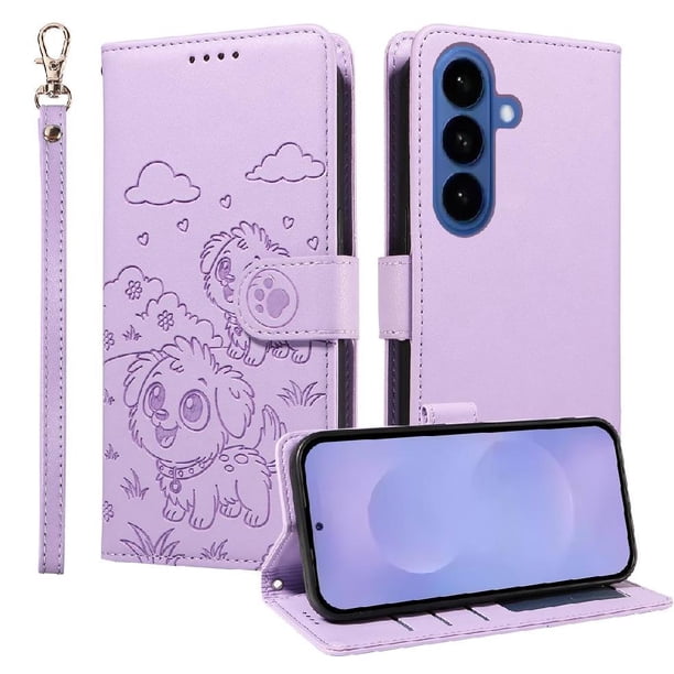 Funda Cartera para Samsung Galaxy S26 Perro Cachorro Grabado con Tarjetas Soporte Correa Morado