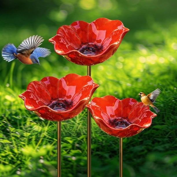 Estacas jardín flor metal baño abejas cuenco agua pájaros estación riego polinizadores 3 uds rojo
