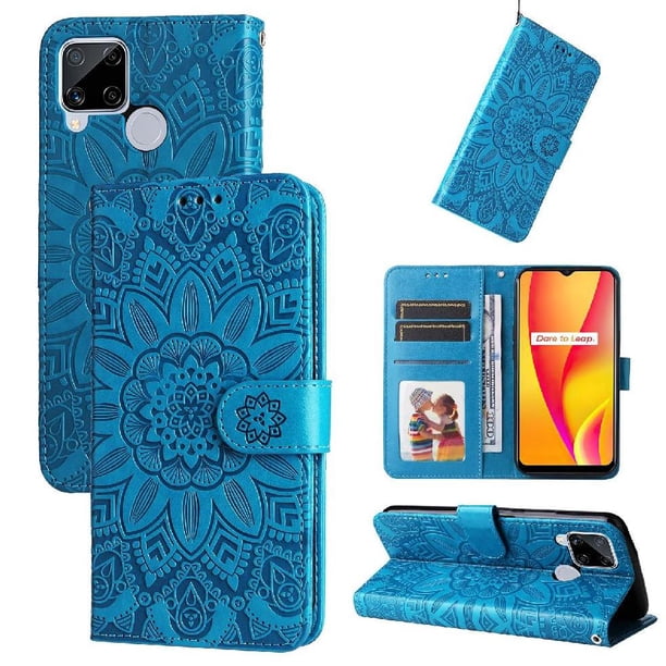 Funda tipo cartera FOXDOCK para Realme C15 , diseño girasol en relieve, cuero PU, cierre magnético, soporte y tarjetero